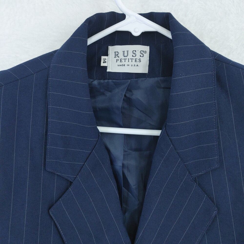 Vintage Russ Blue Pin Stripe Woman's Blazer Size 14 Petites Union Made In USA - Picture 4 of 10